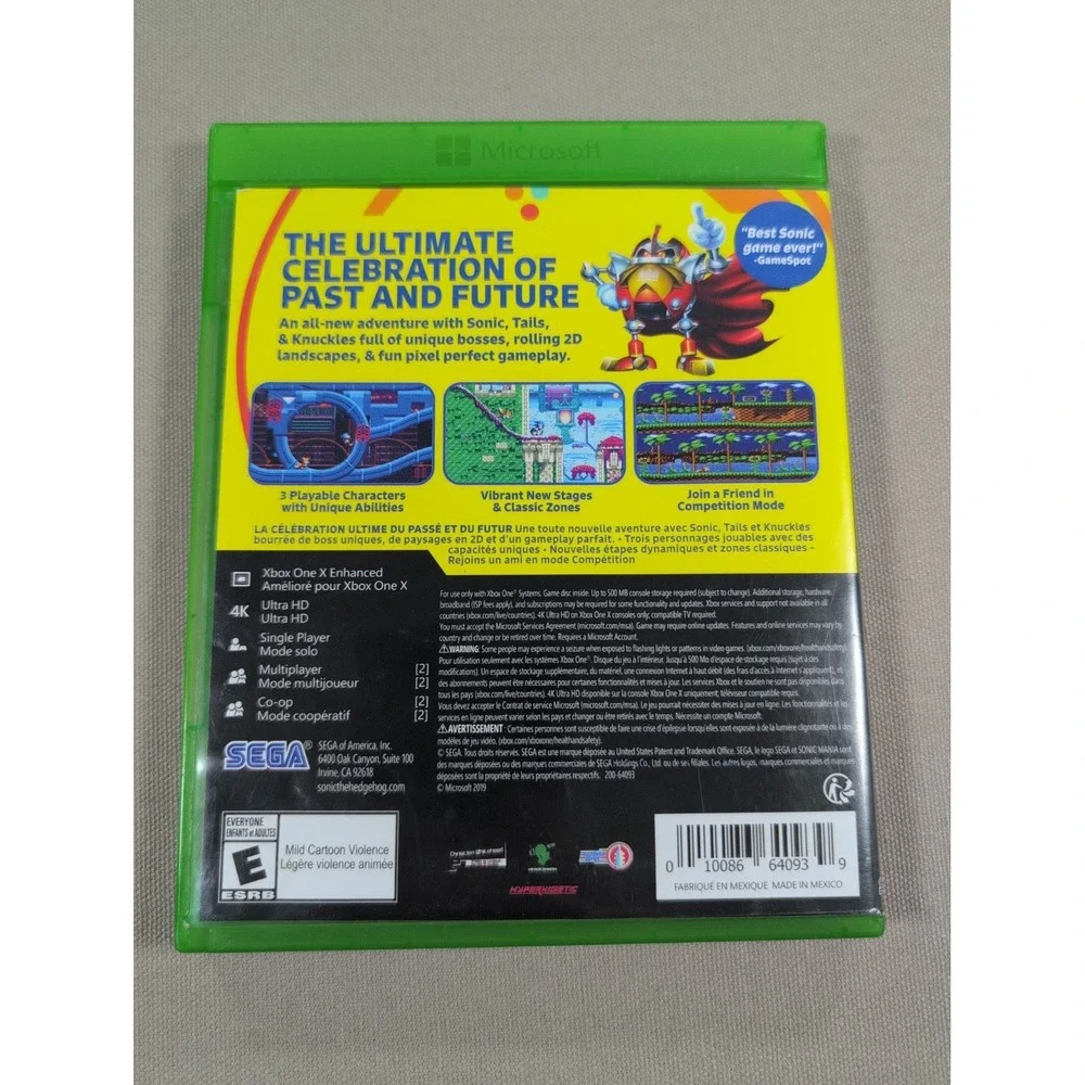 SEGA Sonic Mania Xbox One Video Game No Manual Tested Working